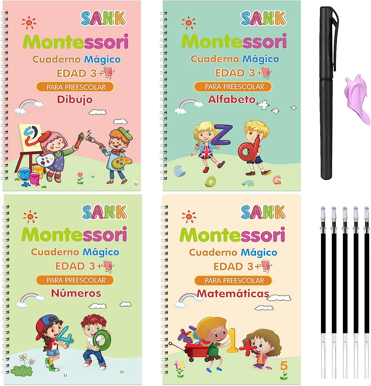 4 Books Magic Writing Book in Spanish Calligraphy Notebook Montessori Kids Reusable Educational Calligraphic Letter Practice Toy