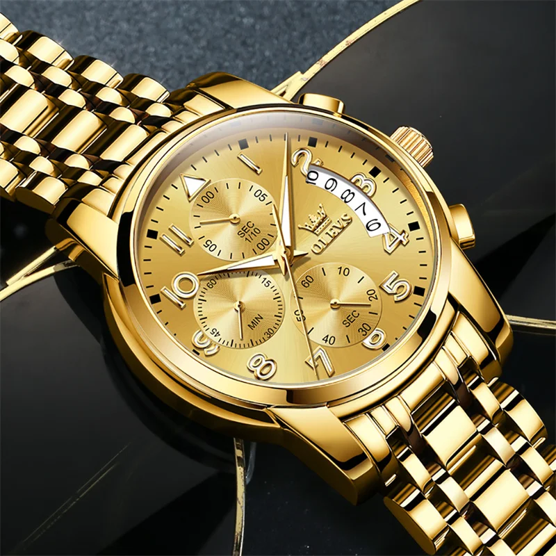OLEVS Luxury Top Brand Watch for Men's Waterproof Sports Stainless Steel Chronograph Wristwatches Gold New Fashion Reloj Hombre