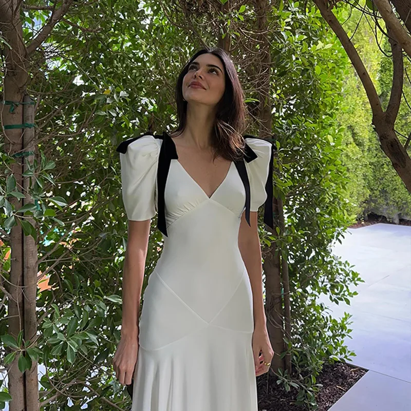 TRAUXY Elegante Vestido Largo con Lazo y Cordones para Mujer, Sin Mangas, Abullonado, Escote en V, Vestido de Playa de Moda para Vacaciones, Conjuntos de Verano