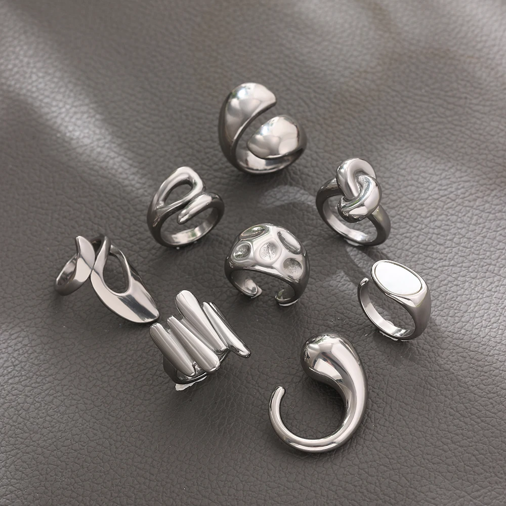 Trend Punk Silver Color Smooth Dome Hammered Geometric Rings for Women Chunky Irregular Textur Wide Knuckle Ring Party Jewelry