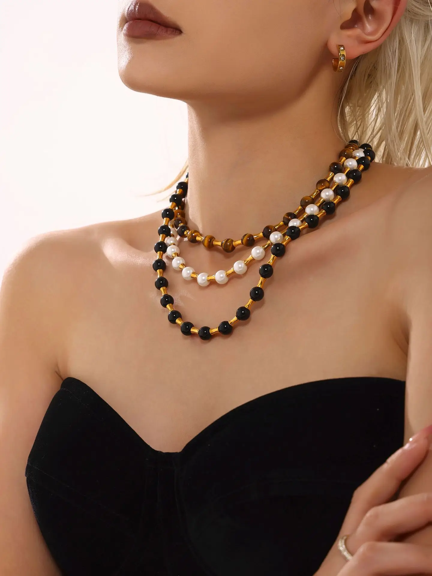 Elegante Frauen Shell Perle Halskette Perlen Kette Edelstahl Tigerauge Steine T Schnalle Anhänger Charme Schmuck Geschenk – Detail 4