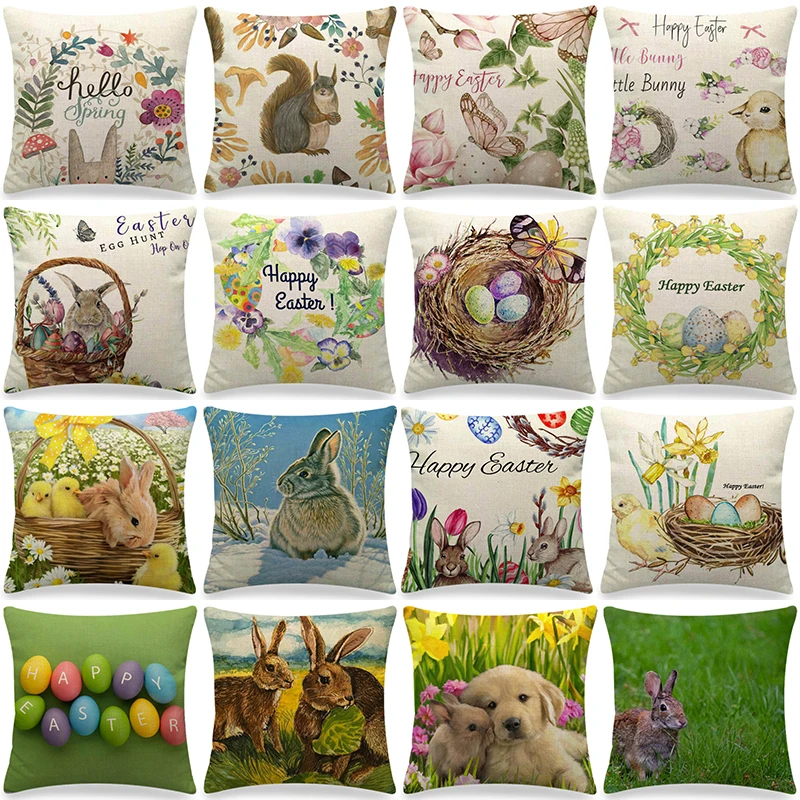 Bunny Easter Eggs Pattern Cushion Cover 45x45cm Home Decor Holiday Linen Throw Pillowcase Living