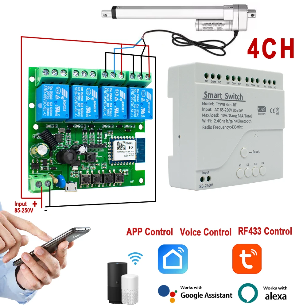 4 Channel WIFI Tuya Smart Life Motor Controller for Electric Linear Actuator,4CH USB 5V 110V 220V Pulse Relay,RF433 Remote