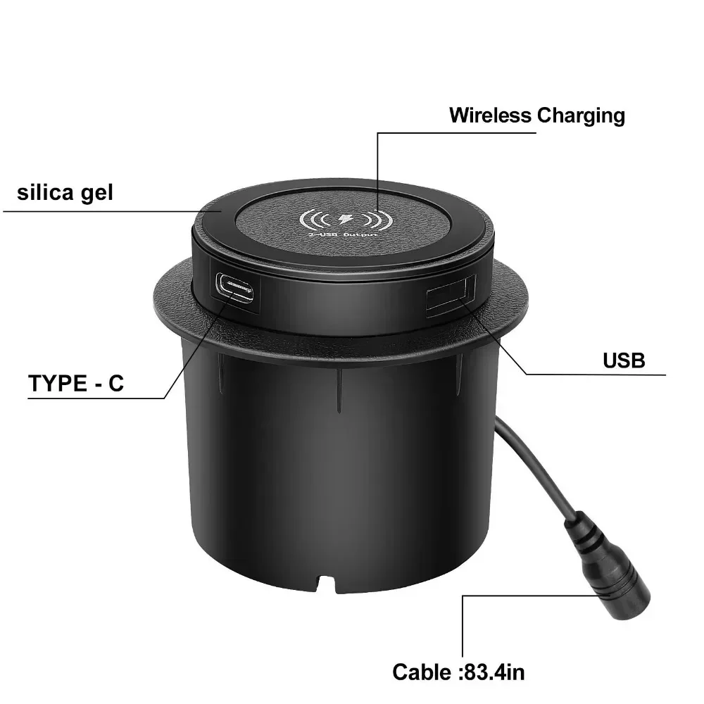 Desktop embedded wireless charger supports PD18W and USB wired charging 5V1A Furniture Opening 60MM Desk Hole HUB