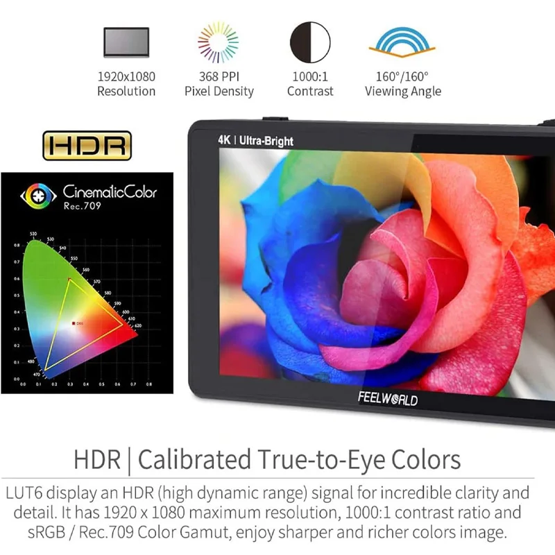 FEELWORLD LUT6 6-inch 2600nits HDR HDMI LUT 6 4K Touch Photography Field Monitor Waveform Vector Histogram Videos Peaking Focus