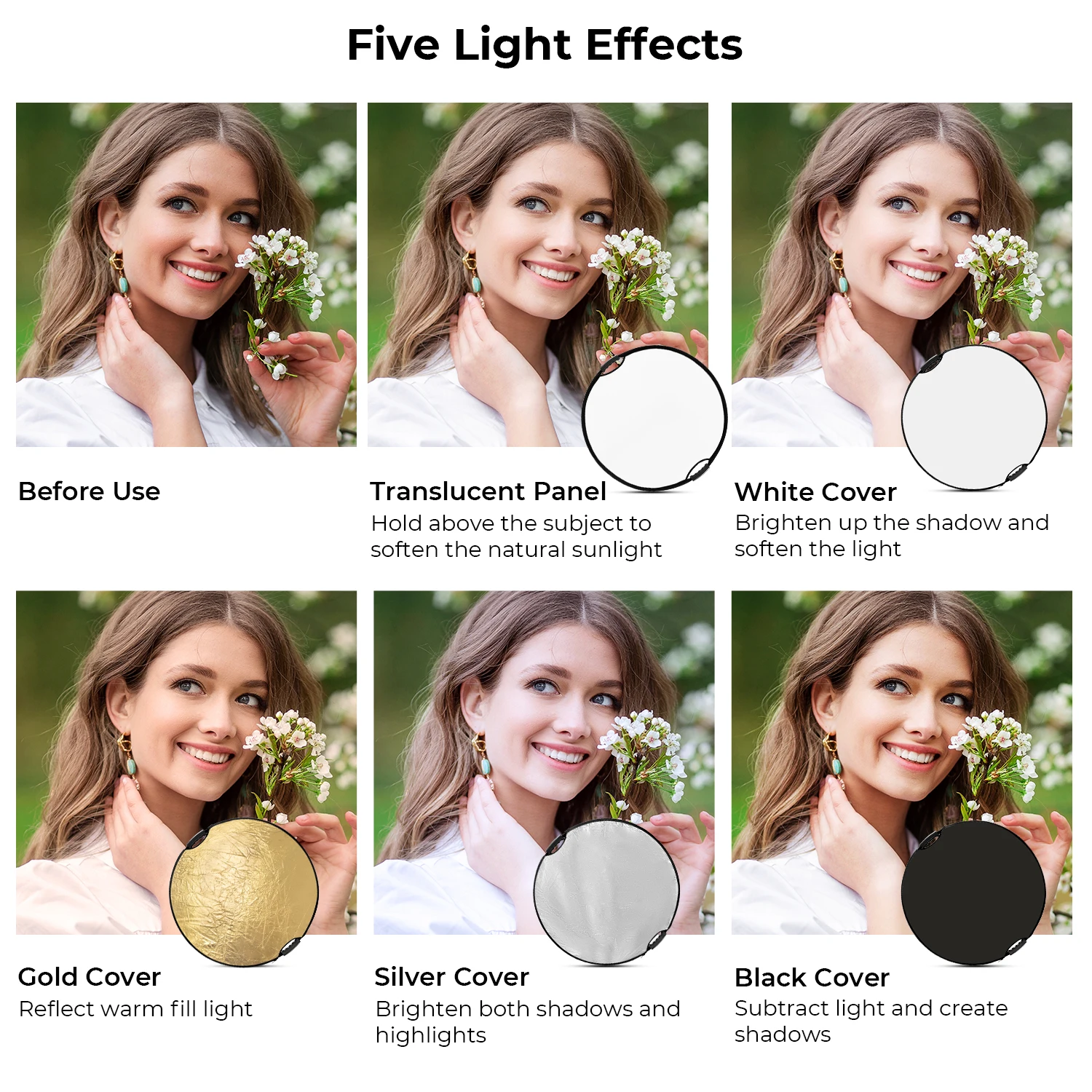 60-110mm 5-in-1 Circular Reflector with Handle Translucent Soft Light Panel Portrait Outdoor Photography Light Block