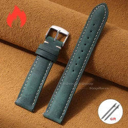Elegant Vintage Leather Watch Strap - Quick Release Cowhide Band with Business Stitching - 22mm (Green)