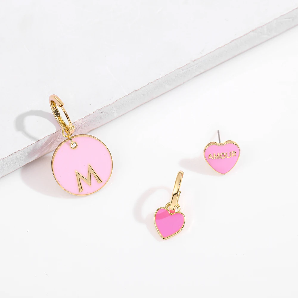 2025 New Sweet Love Heart Drop Earrings for Women Girls Round Circle Enamel Letters Korean Fashion Statement Wedding Jewelry