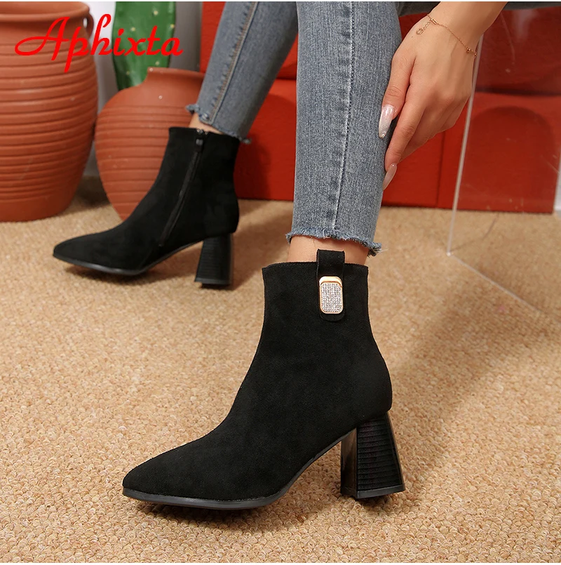 Aphixta 7cm Square Heels Ankle Boots High Quality Suede Pointed Toe Woman Shoes Crystals Zipper Modern Boot Ladies Footwear