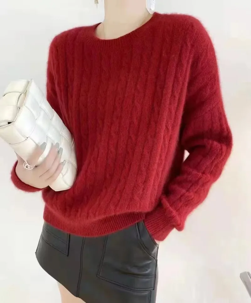 

Korean pure cashmere sweater women's round neck loose knit Fried Dough Twists thickened bottoming sweater