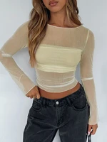 2025 été nouveau manches longues maille taille transparente exposant haut pour les femmes Sexy couche de Base vêtements intérieurs Style fille chaude t-shirt court 3