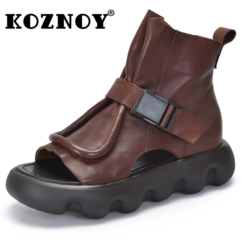 

Koznoy 4cm Genuine Leather Boots Chimney Fashion Peep Toe Summer Sandals Hollow Women Moccasins Motorcycle Ankle Booties Shoes