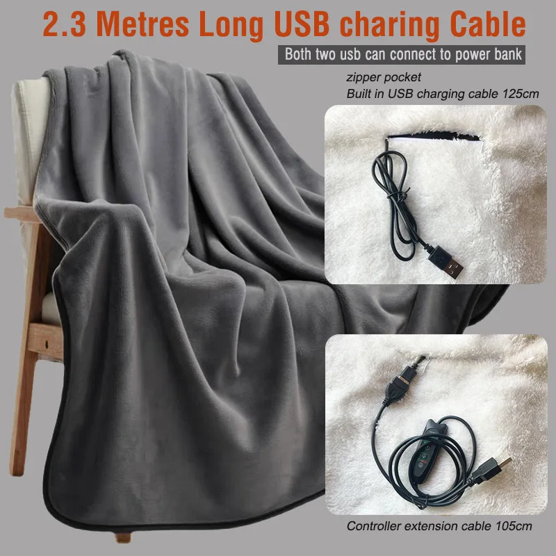 Double-Sided USB Heating Blanket, Electric Blanket, Shawl, Coral Flannel, Heated, Thickened, Office Nap, Household, 3-Speed