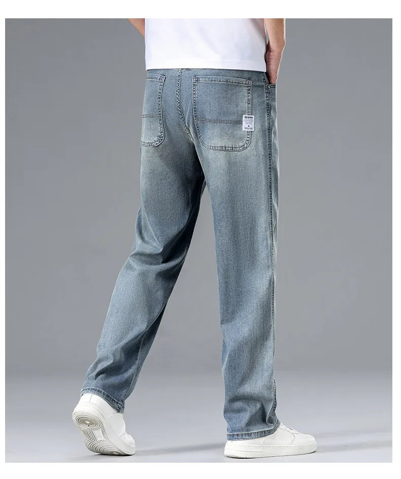 New Summer Ultra-thin Lyocell Men's Jeans Drape Soft Fabric Loose Straight Casual Denim Pant Y2K Elastic Ice Silk Male Trousers