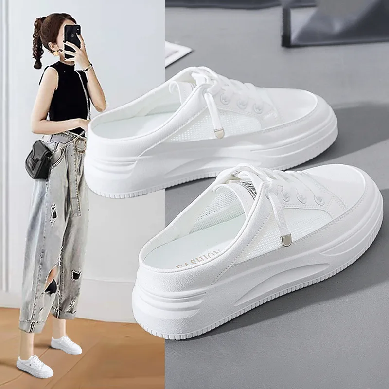 Comemore Women's Half Slippers 2022 New Super Internet Closed Toe Lazy Shoe Outdoor Platform White Female Shoes Sneakers Women