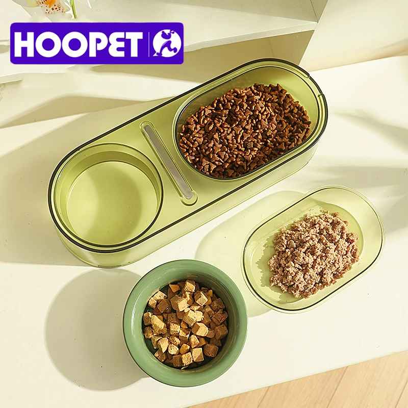 

Двойная миска для кошек и собак HOOPET, поилка для еды, поднятая керамическая миска, пластиковая подставка, ложка из нержавеющей стали, товары для домашних животных