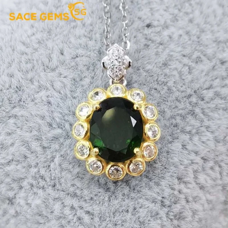 

SACE GEMS Certified 925 Sterling Silver 8*10MM Natural Diopside Pendant Necklace for Women Engagement Cocktail Party Fine Jewelr