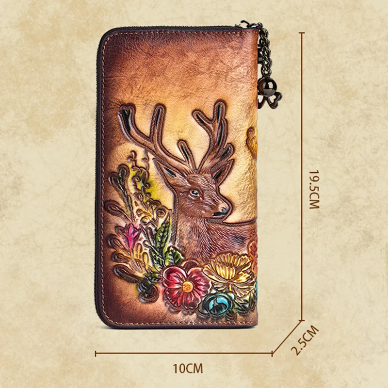 MOTAORA Vintage Women Long Wallets Deer Pattern Bag Genuine Leather Handmade Embossing Ladies Wallet Phone Bags Woman Purse