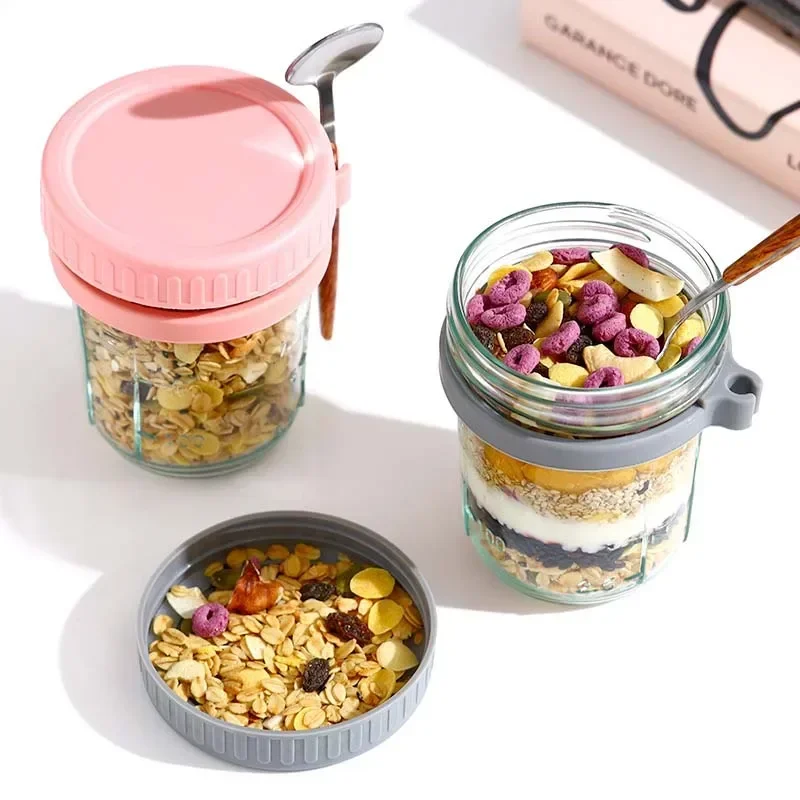 Portable Cereal Breakfast Cups Overnight Oat Glass Cup with Fork Milk Fruit Salad Kitchen Item Food Storage Jars Water Bottle