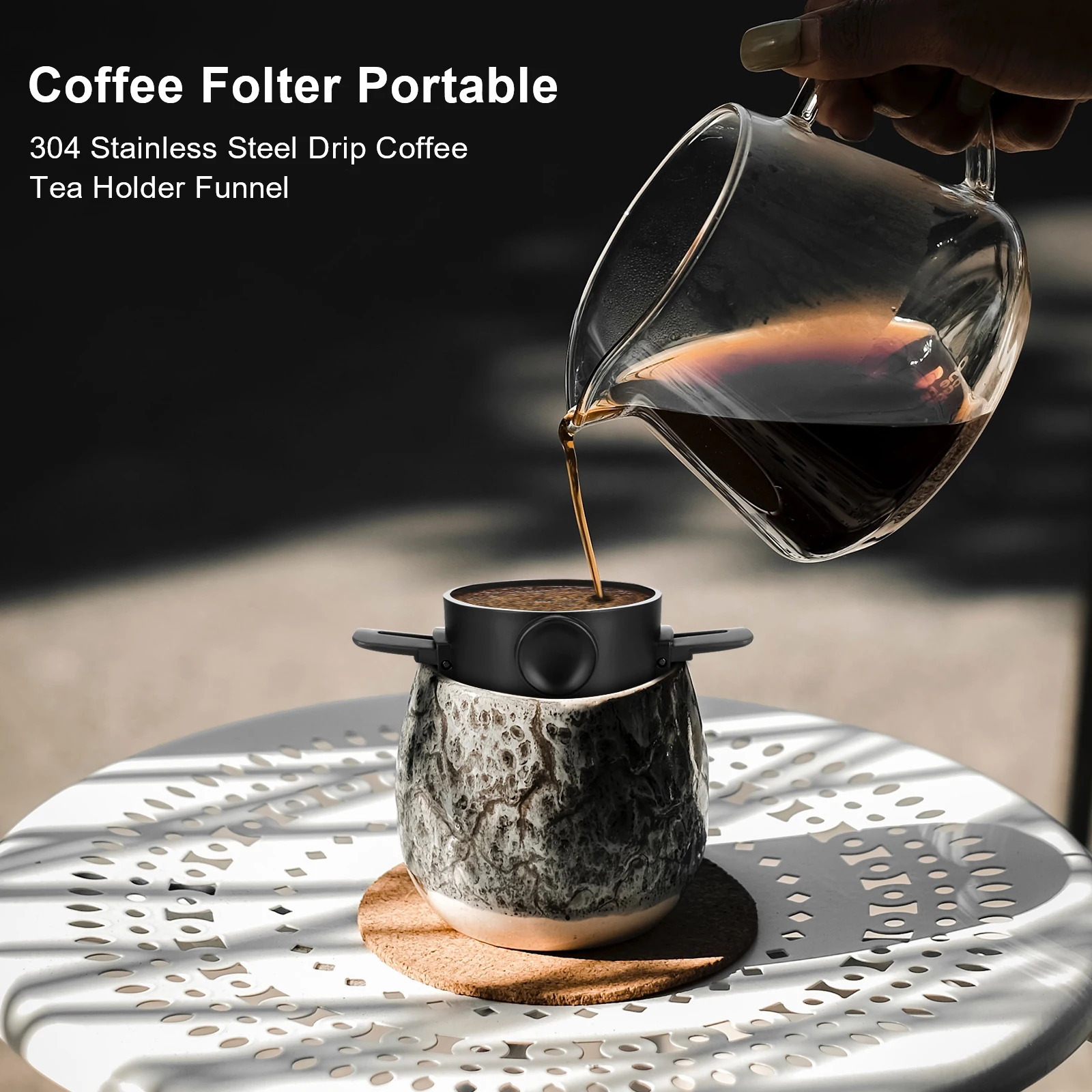 Folding Hand Brewed Coffee Filter Coffee Dripper Cone for Drip Coffee and Tea with Stainless Steel Holder No Filter Paper
