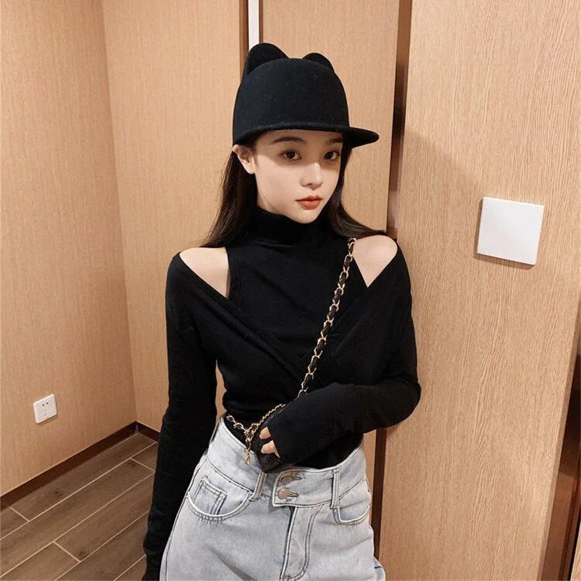 

High Neck Bottomed Long Sleeve Shirt Women Tshirt Thin Sexy T Off Shoulder T-shirt Autumn Winter Two-piece Blouse Tees Clothes