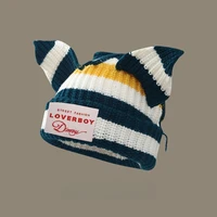 Шапка в полоску, нишевой дизайн, персонализированная вязаная шерстяная шапка с кошачьими и свиными ушками, милая Теплая Зимняя Шапка-бини — изображение 6