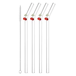 Set of Reusable Clear Glass Straws with Colorful Cherry Design and Cleaning Brush (4 straws and 1 brush)