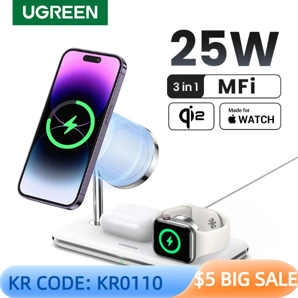 Magsafe 25W 무선 ??충전기 스탠드용 UGREEN MFi Apple Watch AirPods용 iPhone 15 16 Pro M..
