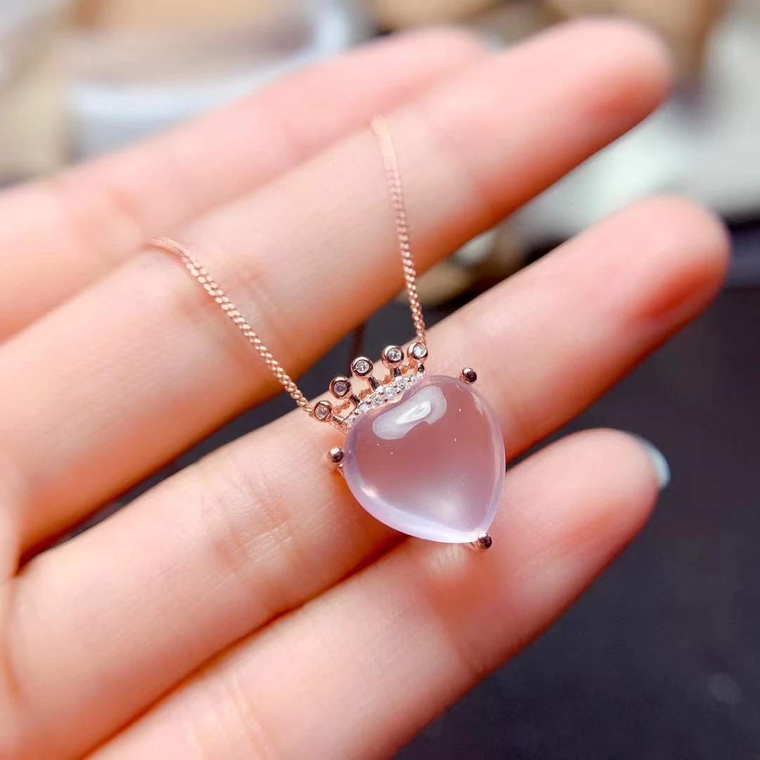 

MeiBaPJ Natural Rose Quartz Pink Gemstone Love Heart Pendant Necklace 925 Solid Silver Fine Charm Jewelry for Women