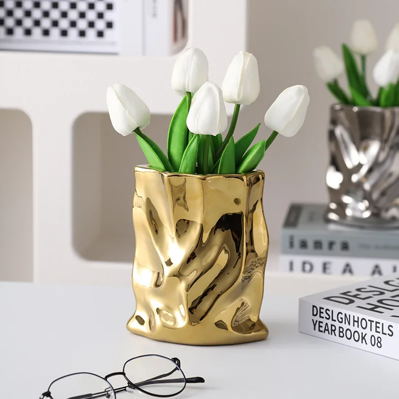 Nordic Ceramic Irregular Vase Electroplating Vase Living Room Office Decoration Simple Modern Flower Arrangement Home Decoration 4