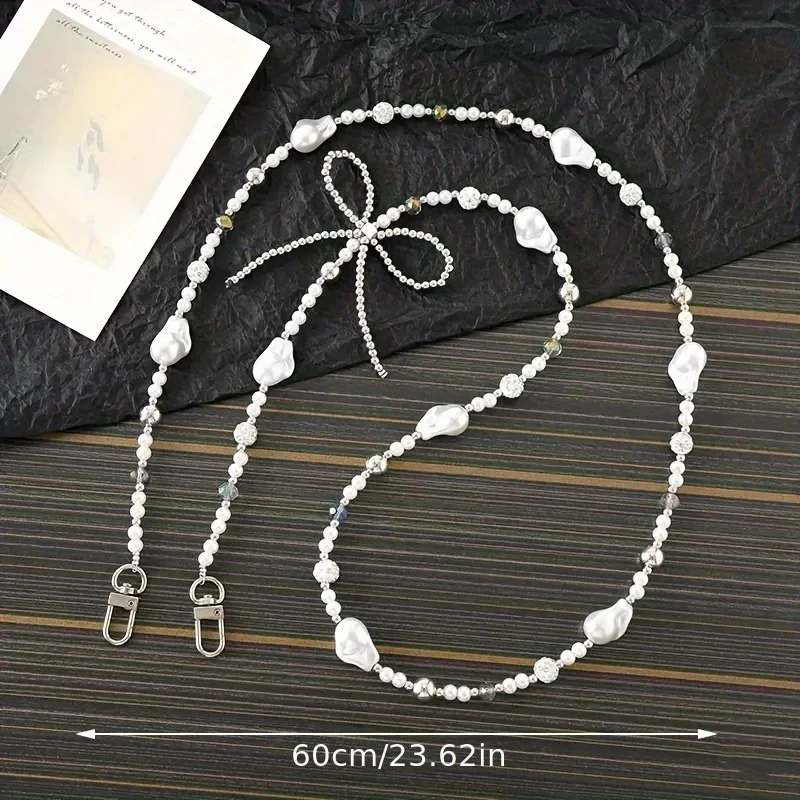 우아한 진주 리본 다이아몬드 볼 폰 체인, 크로스바디 & 숄더 스트랩 카메라 랜야드, 여성용 다용도 가방 장식 액세서리