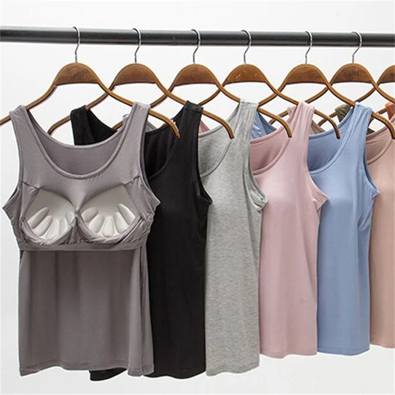 

2023 Women's Vest Tops with Built In Bra Neck Vest Padded Slim Fit Tank Tops Sexy Shirts Feminino Casual