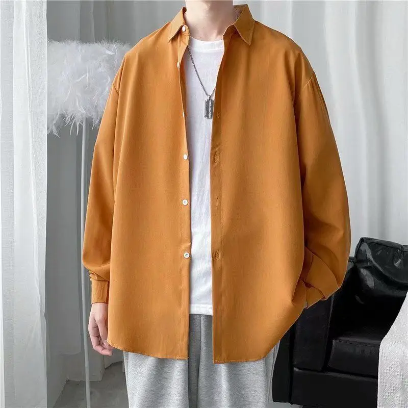 2024 Spring and Summer Hong Kong Style Salt Solid Color Light Mature Style Top Minimalist Flip Collar Casual Loose Shirt for Men
