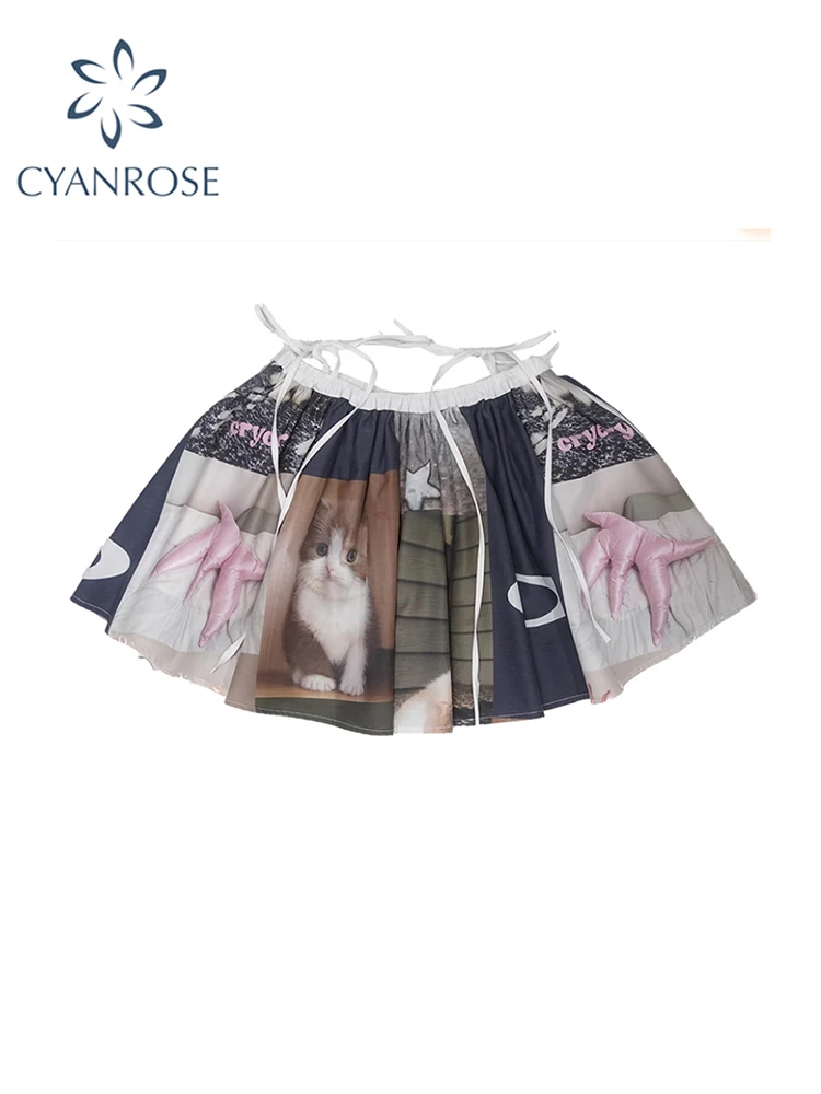 

Женская винтажная юбка в стиле Харадзюку, трапециевидная мини-юбка в стиле 90-х, с графическим принтом, в стиле Харадзюку, Y2k, 2000