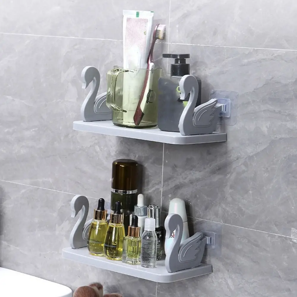 

Plastic Swan Shelf Simple Wall Mounted Self-Adhesive Floating Shelf No Punch White/Grey Bathroom Storage Rack Kitchen