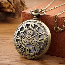Antique Steampunk Vintage Roman Numerals Quartz Pocket Watch Bronze Case Necklace Pendant Clock Chain Mens Women