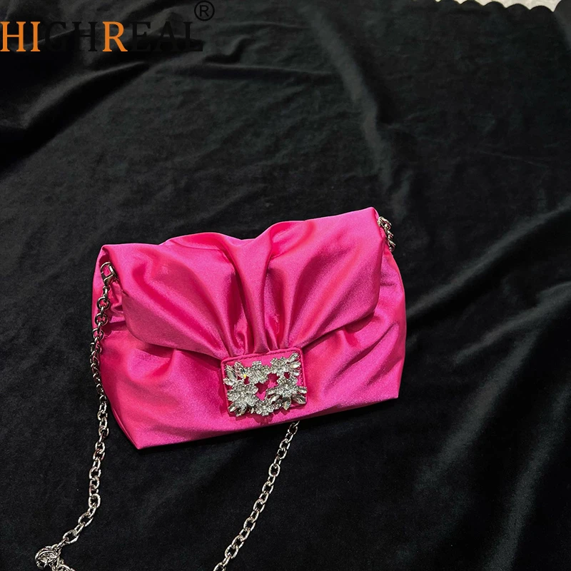 

Shiny Rhinestone Folds Satin Handbags Women Elegant Gemstone Envelope Evening Clutch Purses Wedding Ladies Chain Crossbody Bags