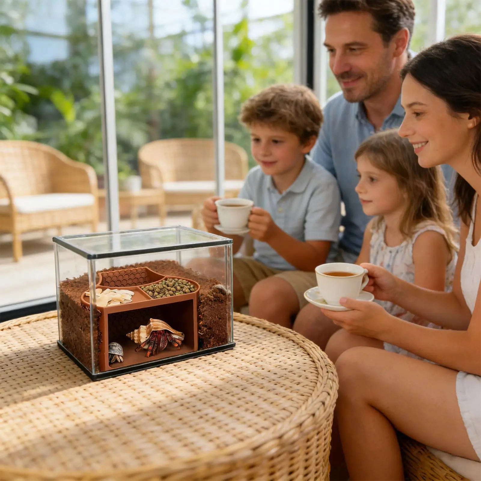 지하 터널 동굴에 숨는 암컷 게를 위한 등반용 집, 경사로, 이중 먹이통이 있는..