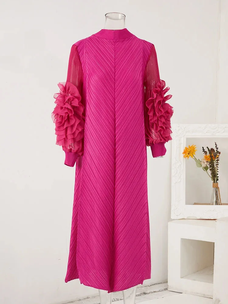 

NICEWOMEN Maxi Pleated Dress Round Neck Spliced Fungus Full Sleeve Dresses For Women 2023 New Spring Clothing Female Tide AH161
