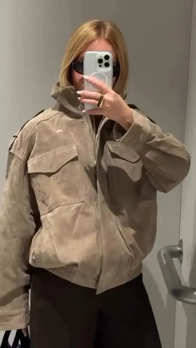 Women Suede Jacket – Stand Collar Casual Outerwear With Zipper Pockets, Loose Fit Coat