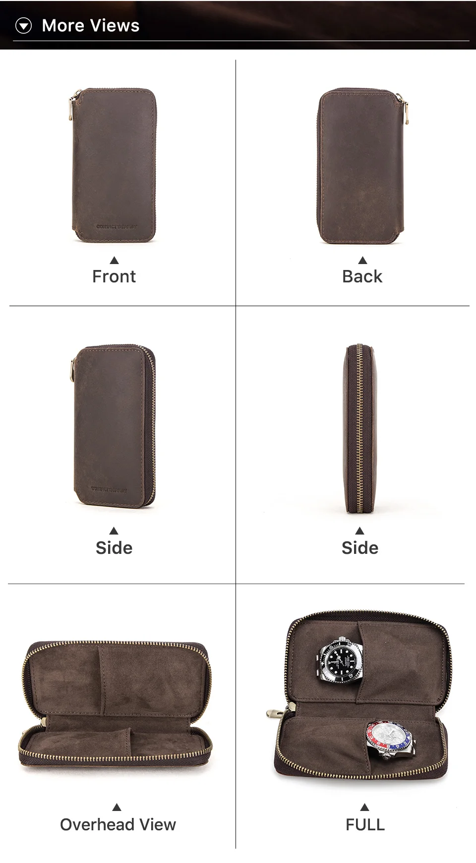 CONTACT'S FAMILY Premium-Vintage-Uhrentasche, Aufbewahrungstasche, 2 Fächer, tragbare Reiseuhr, echtes Leder, Tasche als Geschenk – Detail 6