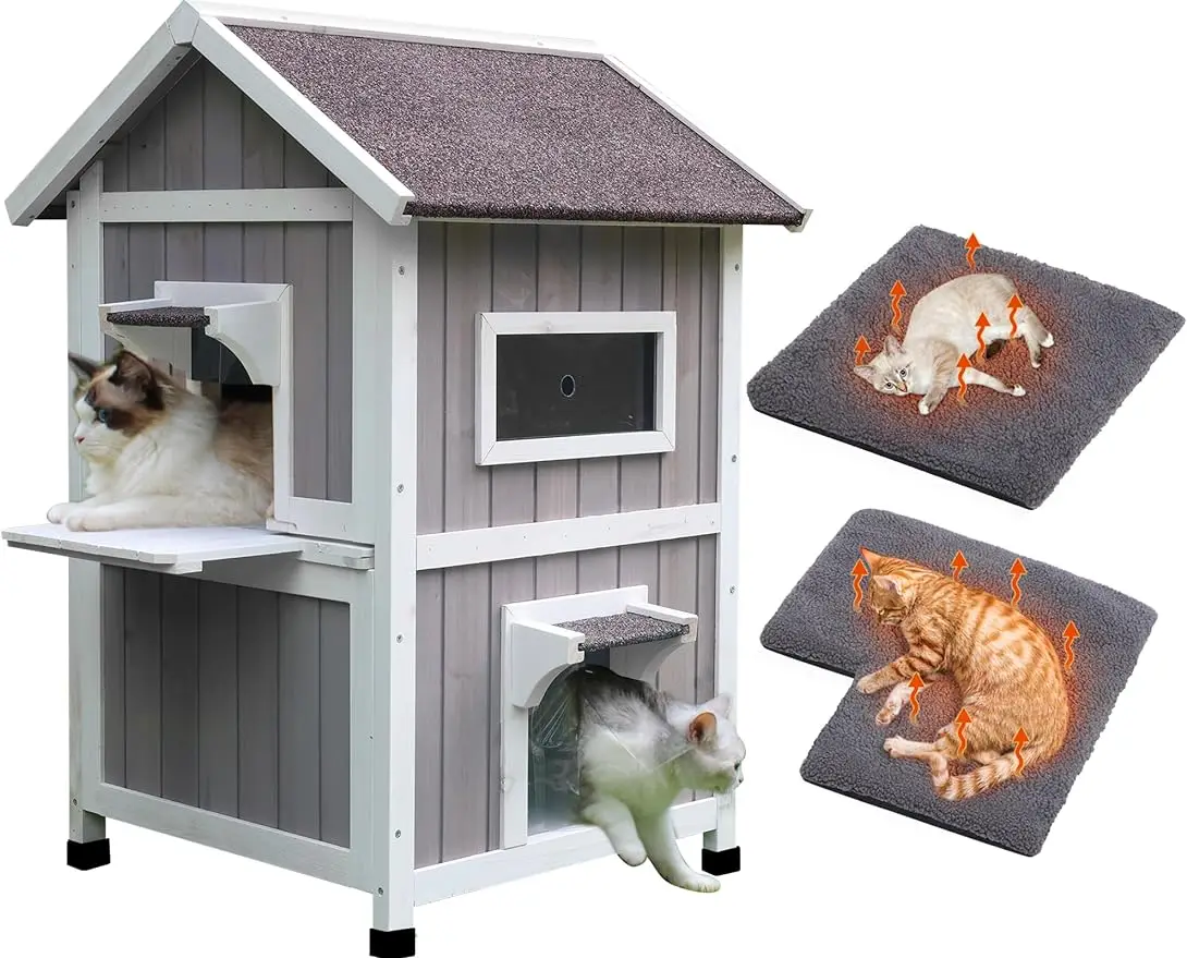 

Feral Cat Shelter Outdoor with Escape Door Rainproof Outside Cat House Two Story for Three-Four Cats Color Wine Red