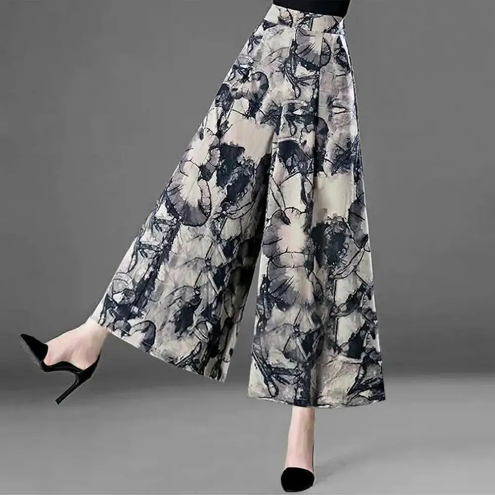 

Women Skirt Pants Retro Print Wide Leg Loose Elastic High Waist Deep Crotch A-line Fake Skirt Ninth Pant Mid-aged Mother Trouser