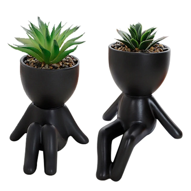 

2PCS Succulents Plants Artificial Succulents In Black Human Shaped Pots Office Desk Decor