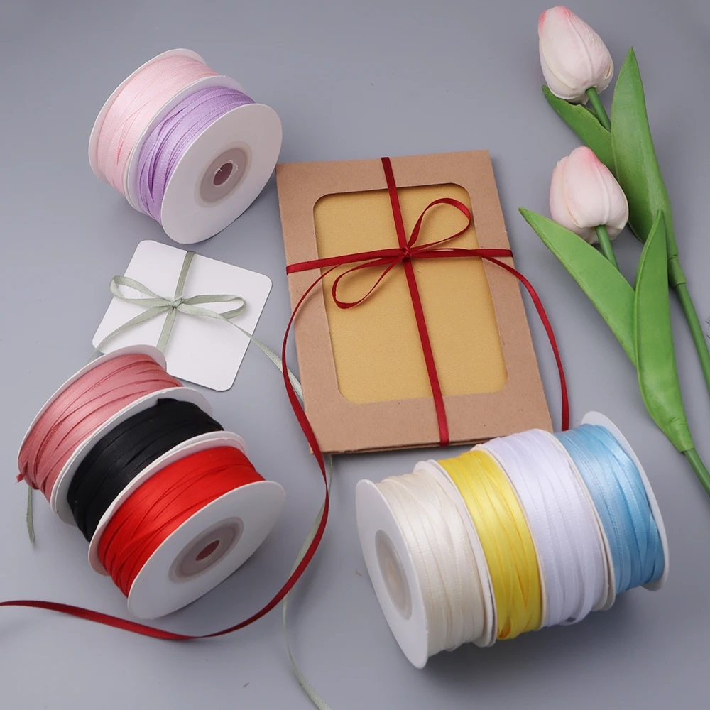 50 야드/로트 3mm 폴리 에스터 새틴 리본 웨딩 파티를위한 다채로운 양면 리본 DIY 선물 포장 크리스마스 활 장식