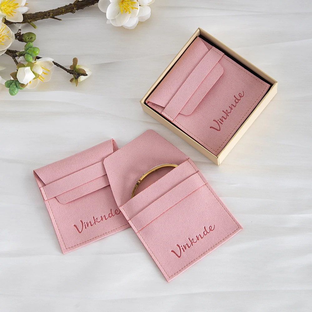 100Pcs 10x10cm 마이크로 화이버 핑크 봉투 포켓 비쥬 쥬얼리 컨테이너 선물 목걸이 포장 파우치 맞춤형 로고