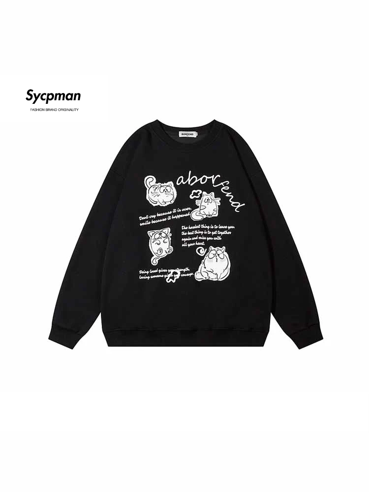

Sycpman Funny Cartoon Printed O-Neck Sweater for Men and Women Autumn Retro Loose Couple Clothing Streetwear Casual Sweatshirt
