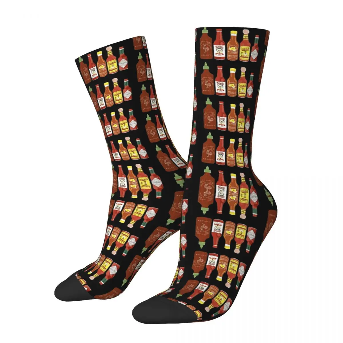

Spicy! Check Out These Hot Sauces On Black Background Socks Harajuku Soft Stockings All Season Socks Accessories for Unisex Gift