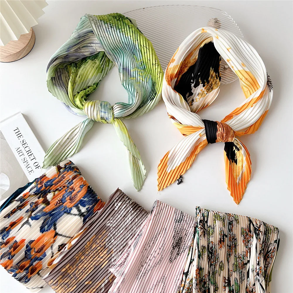 70 Pleated Small Square Scarf Professional Office Ladies Shawl Handmade Scarf Floral Print Silk Neckerchief Elegent Bandana 3