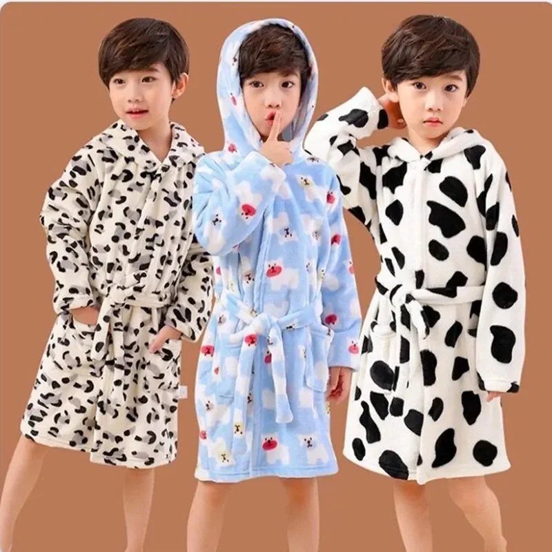 Toddler Baby Boys Girls Hooded Thick Warm Flannel Bathrobe Night-robe Pajamas